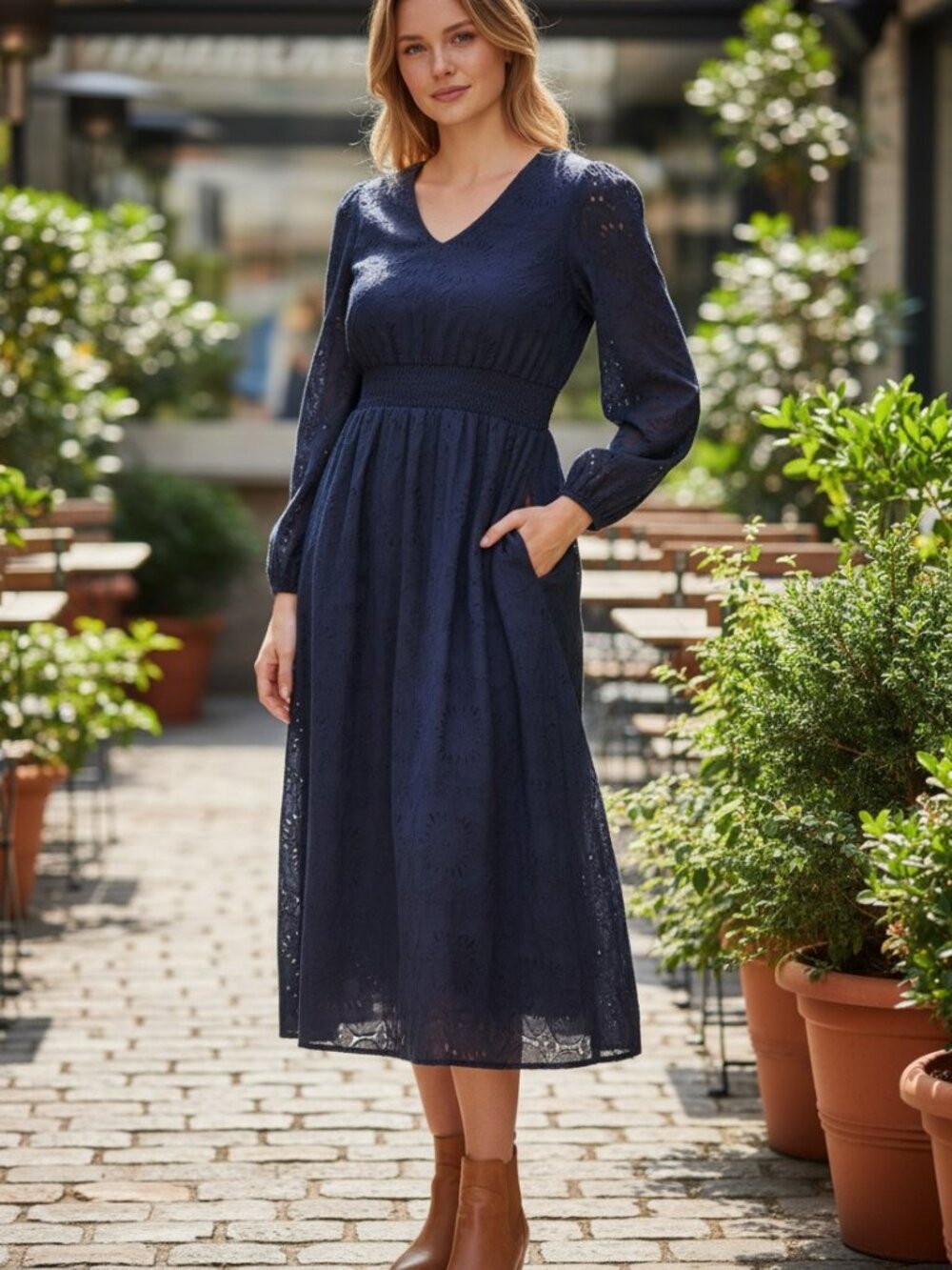 Navy Eyelet Long-Sleeve V-Neck Dress